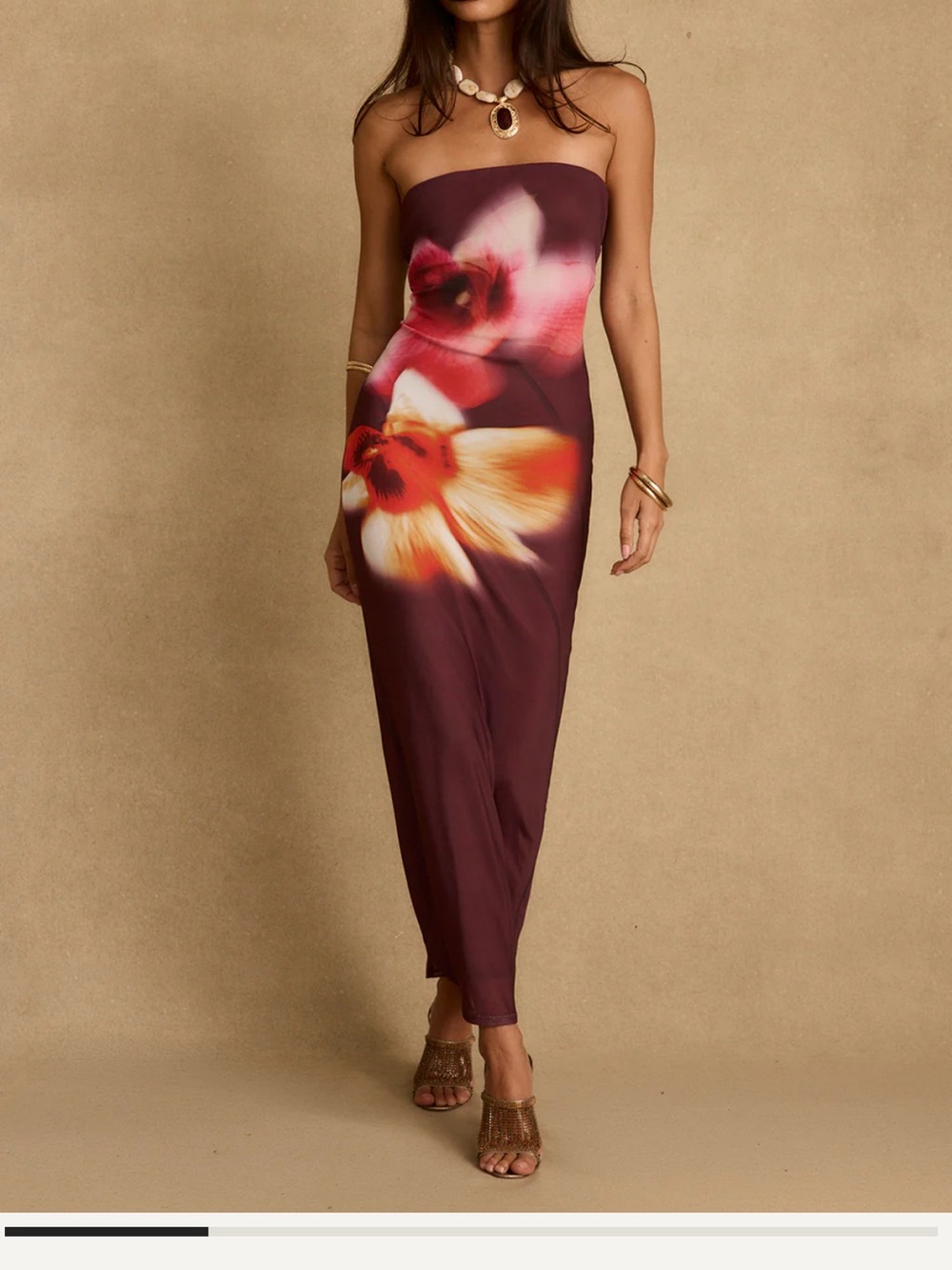 12th Tribe Strapless Floral Maxi Dress - Burgundy with Pink & Yellow Accents